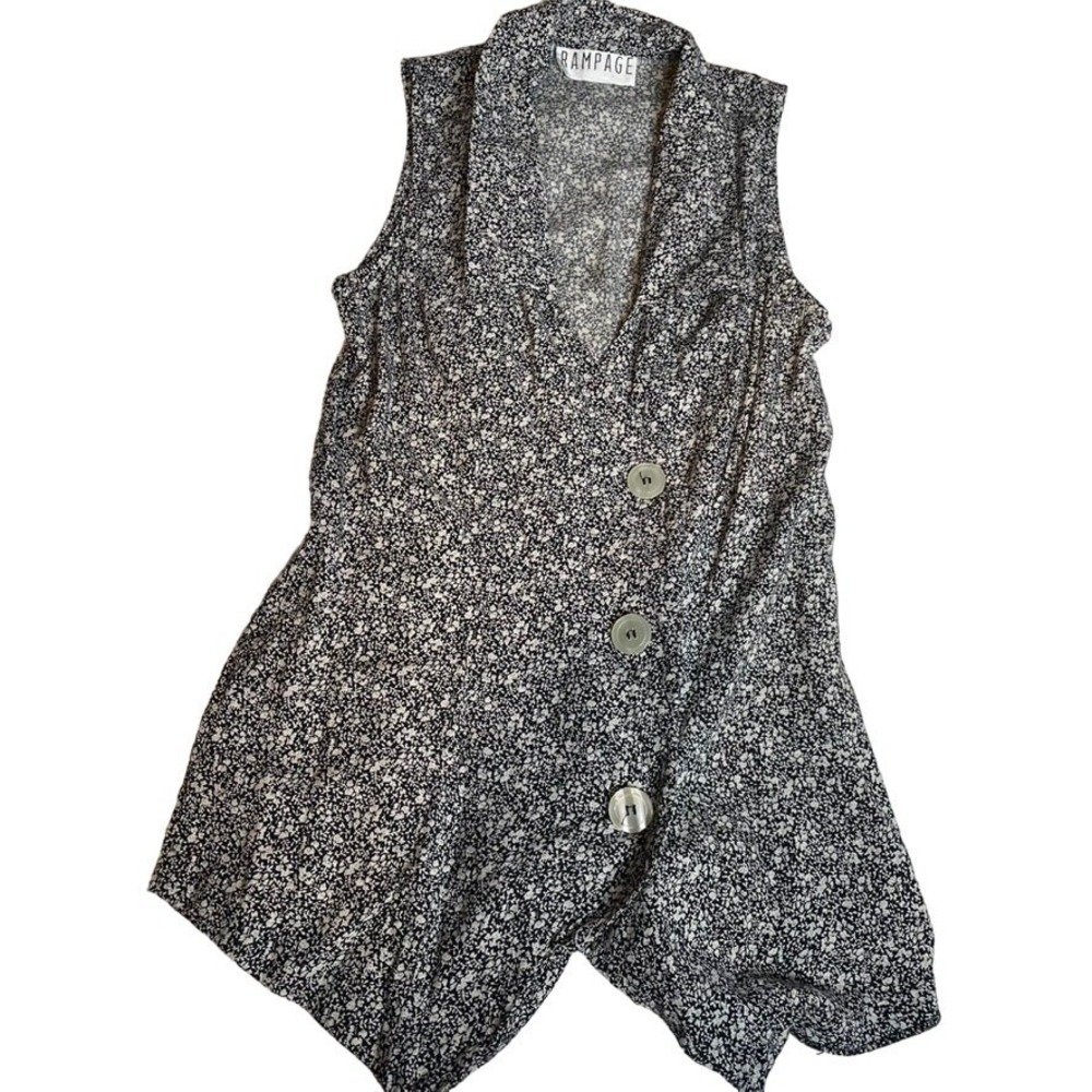 Vintage Rampage Black Floral Sleeveless Button Front Vest Top 90s Cinch Back